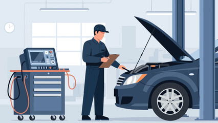 Mechanic inspecting car on lift in modern auto repair shop