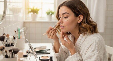 Young woman applying foundation with makeup brush in bright bathroom. Morning beauty routine with cosmetics. Skincare and self-care concept