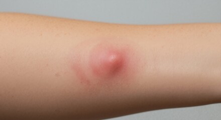 Fototapeta premium Close-up of red inflamed boil on human skin. Large abscess or furuncle caused by bacterial infection. Dermatology and medical concept