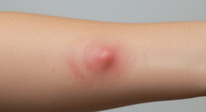 Close-up of red inflamed boil on human skin. Large abscess or furuncle caused by bacterial infection. Dermatology and medical concept