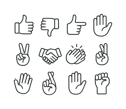 Gesture Icon Set. Gestures. Line icon set of Gestures: thumbs up, thumbs down, pointing hand, open palm, victory sign, handshake, clapping hands, ok sign,