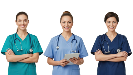 Three female nurses in different colored scrubs standing against black background isolated on white transparent png background download
