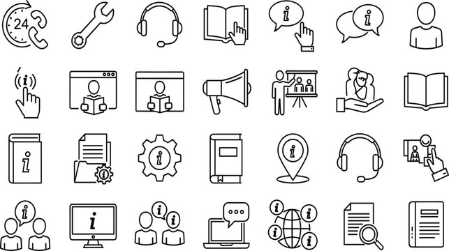 Set of customer support and information line icons featuring manuals, headsets, help desk, and technical assistance symbols for business websites.