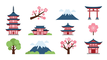 Obraz premium Flat japanese icons featuring pagodas, cherry blossoms, and mount fuji