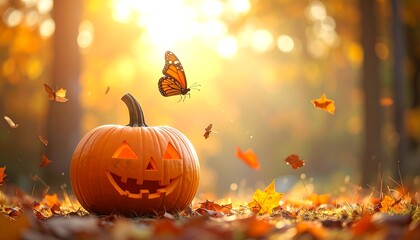 A glowing jack-o-lantern sits in a sun-drenched autumn forest with a butterfly overhead.