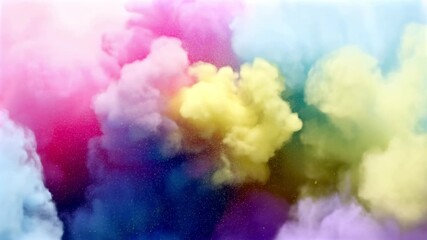 Two vibrant clouds of colored powder colliding in a dynamic explosion against a clean white background. Colorful pink, blue, yellow, and purple powders mix in a beautiful abstract motion - Powered by Adobe