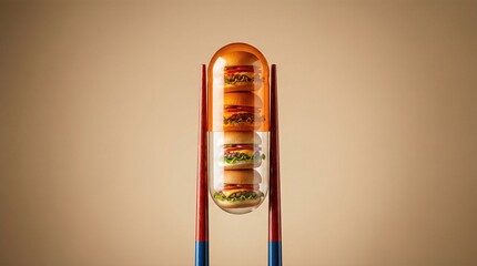 Stacked cheeseburgers inside transparent pill capsule held by red chopsticks