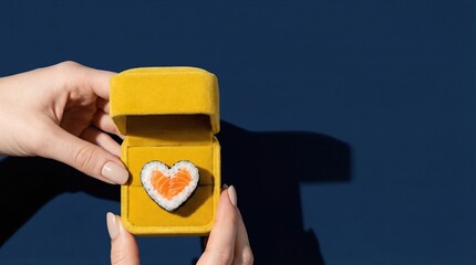 Female hands holding yellow velvet box with heart shaped sushi on blue background