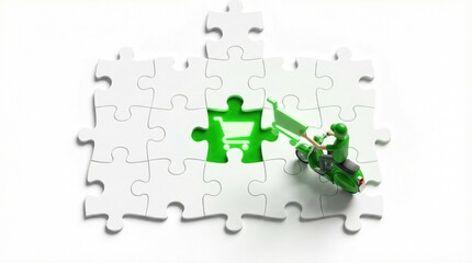 3D green courier riding scooter on white jigsaw puzzle to fill shopping cart hole