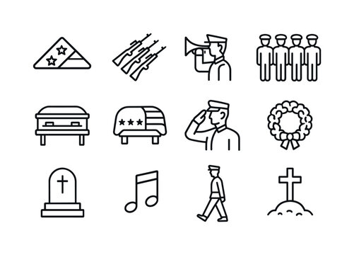 Military Funeral Icons. Military funeral honors. Line icon set of Military funeral honors: folded flag, rifle volley icon, bugler icon, honor guard line,