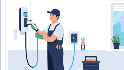 Professional electrician installing ev charging station at home