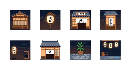 Traditional japanese storefronts and signages in flat design