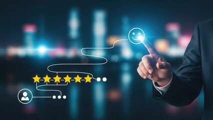 Businessman giving a five star rating with a smiley face business stars