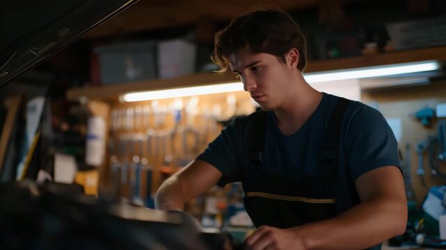 A mechanic working under warm workshop lighting in a home garage, tools neatly arranged on a pegboard as they troubleshoot a classic car engine. cinematic color correction, natural uneven lighting