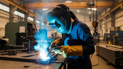 Female adult welder working diligently in a busy industrial factory. Bright sparks illuminate the metal fabrication process. Emphasizing skilled labor and manufacturing expertise