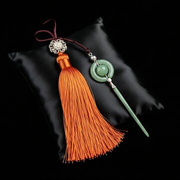 An ornate Korean Norigae silk tassel and a Binyeo (ornamental hair pin) made of jade and silver, arranged on a dark silk cushion, realistic fabric detail, black background, 