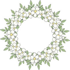 Cute White Magnolia Flowers Wreath Green Leaves Circle Flat Vector Design