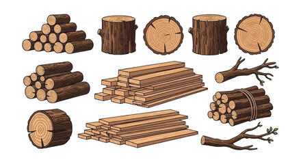 Assorted wood logs planks and branches in a decorative pixel art style © Begum