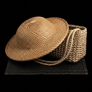 woven Salakot hat made of rattan and a hand-weaved Abaca fiber bag, placed together on a dark bamboo mat, realistic fibers, black background, 