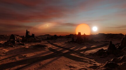 Alien landscape with binary suns casting long shadows over rugged terrain under a dramatic sky