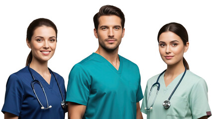 Three medical professionals in scrubs and stethoscopes standing together isolated on white transparent png background download
