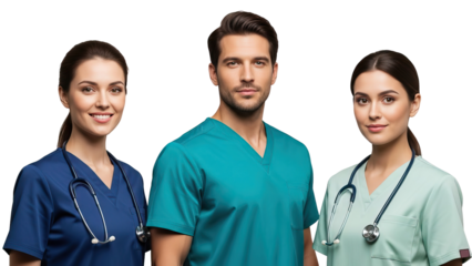 Three medical professionals in scrubs and stethoscopes standing together isolated on white transparent png background download