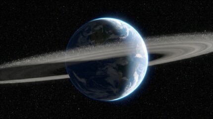 Stunning cosmic view of an Earth-like planet adorned with majestic rings, orbiting through the vast, starlit expanse of space
