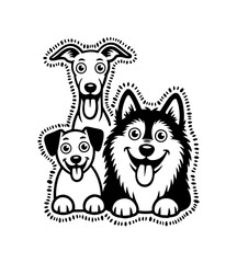Fototapeta premium Dogs faces doodle Collection of hand drawn funny cute faces of dogs pets of different breeds and fur styles isolated on transparent background. Illustration of dogs breeds for kids