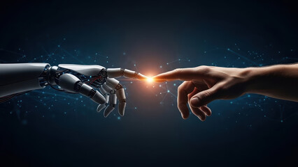 Futuristic robot hand touching human hand artificial intelligence ai network connection to big datum science learning machine technology innovation background connect