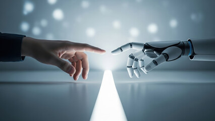 Human hand touching robot hand to artificial intelligence ai machine learning science datum network connection background connect big technology innovation futuristic