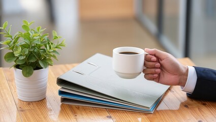 Male hand in business suit holding coffee mug at office desk with documents folder and green plant, illustrating office coffee break during workday