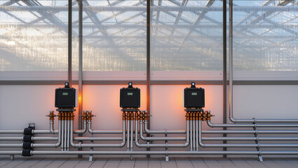 Industrial control units with stainless steel pipes and valves mounted inside greenhouse, illustrating automated climate control system for agrotechnical infrastructure