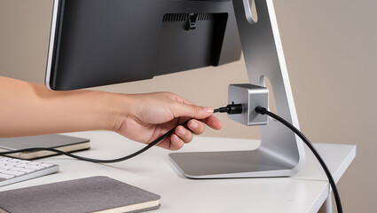 Close-up of hand connecting power cable to modern desktop monitor, illustrating workstation setup, device connection, and cable management in organized work environment