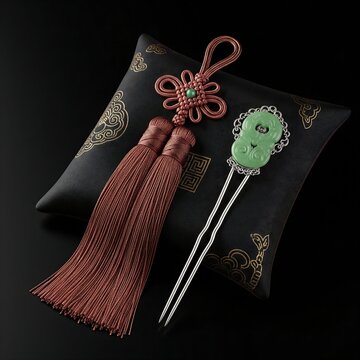 An ornate Korean Norigae silk tassel and a Binyeo (ornamental hair pin) made of jade and silver, arranged on a dark silk cushion, realistic fabric detail, black background, 