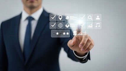 Businessman interacting with digital interface featuring various icons