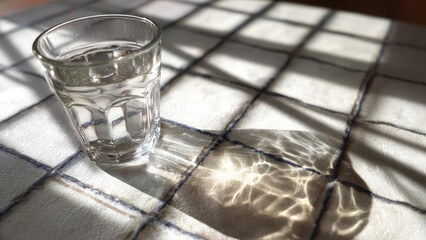 A glass of water on a white checkered tablecloth with sunlit refractions creating wavy light patterns. Concept Glass of water on checkered cloth, Sunlit refractions with wavy light
