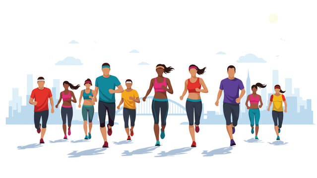 Large diverse group of male and female runners in athletic wear, actively participating in a race on an urban road with a city skyline backdrop.