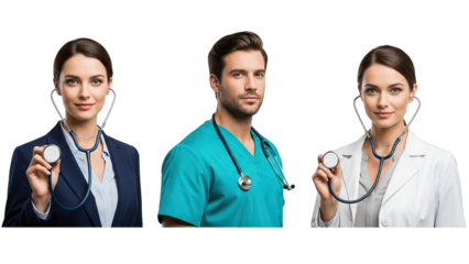 Three medical professionals with stethoscopes on black background isolated on white transparent png background download