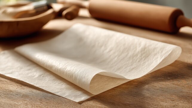Close-up of a single sheet of baking paper on a wooden kitchen counter under natural light