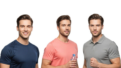 Three men in different colored t shirts standing against black background isolated on white transparent png background download