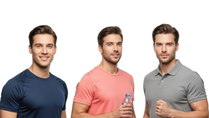 Three men in different colored t shirts standing against black background isolated on white transparent png background download