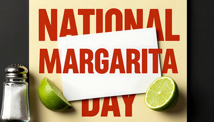 A bright National Margarita Day poster with vibrant red and lime green typography, a salt-rimmed glass motif, and citrus slices, sunny backdrop, 4K, HD