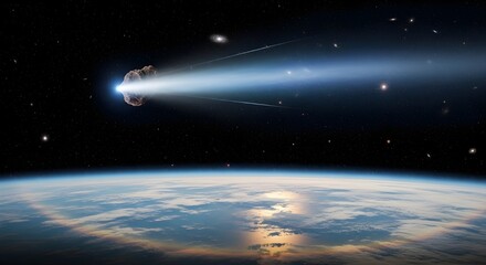 Celestial visitor approaches Earth: a meteor streaks across the cosmos above our planet