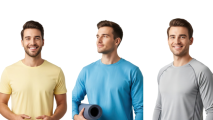 Three men in yellow blue and gray shirts standing against black background isolated on white transparent png background download