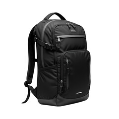 Naklejka premium Modern black travel backpack with multiple compartments, PNG with alpha channel and isolated subject