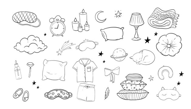 Sleep set hand drawn night symbols doodle. Pillow line bedroom relax, sleeping mask, stars and moon. Warm cozy clothes, socks. Sleepy mood, 