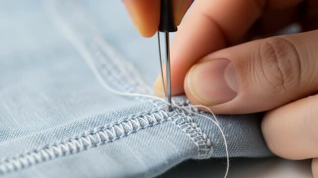 A female adult hand meticulously stitches light blue denim fabric with a needle and white thread. This close-up highlights the intricate process of mending clothes and textile craftsmanship