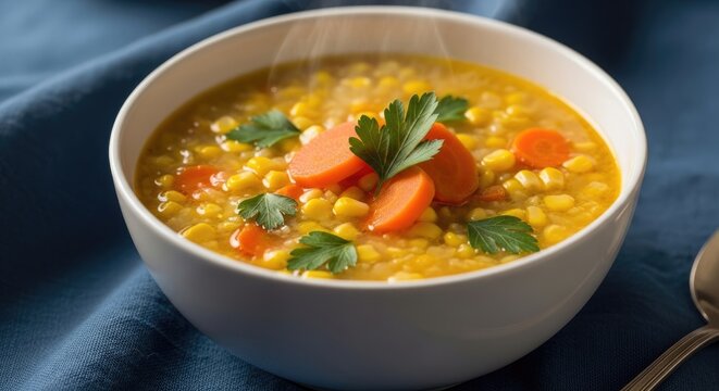 Delicious hot corn chowder with sweet corn kernels and sliced carrots topped with fresh parsley presented in a clean white bowl on textured blue fabric.