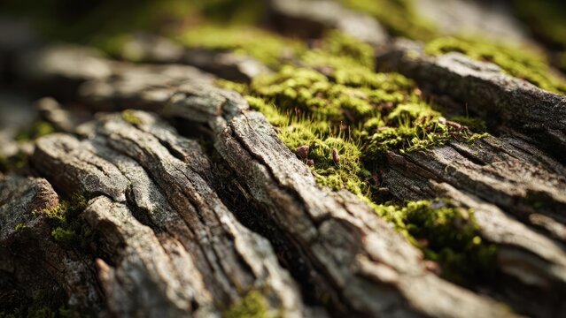Moss growing on rough tree bark. Concept Moss on Bark, Rough Texture, Forest Close-Up, Green Microhabitat, Nature Details