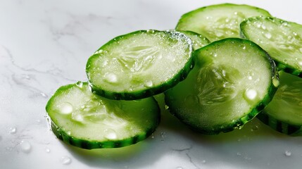 Close-up of fresh cucumber slices with water droplets on a pale surface